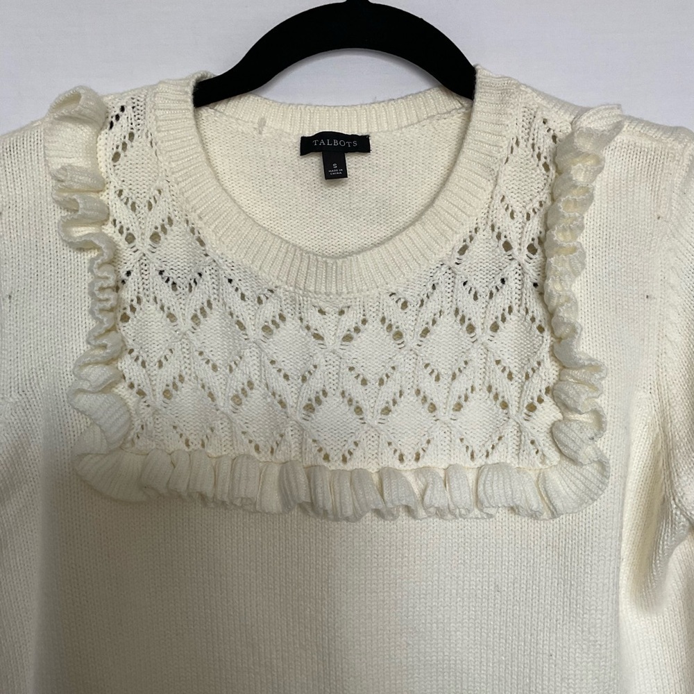 Talbots Cream Crew Neck Sweater with Elegant Lace Detail - Picture 2 of 7